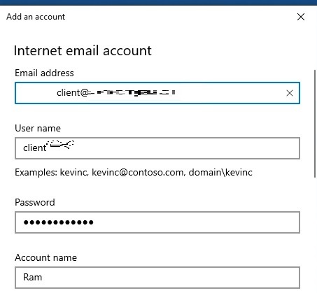 Adding Internet email account details