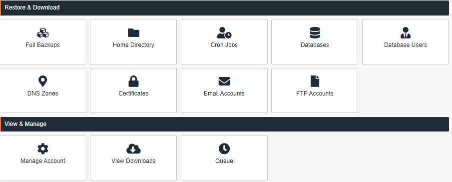 All options  of jetbackup 5 to Create and Restore backups