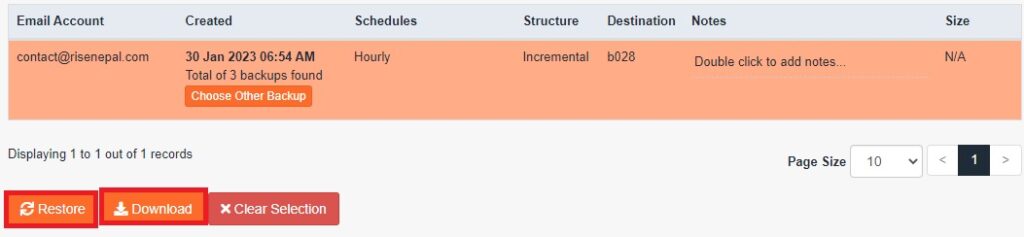 selecting specific email address to Create and Restore backups