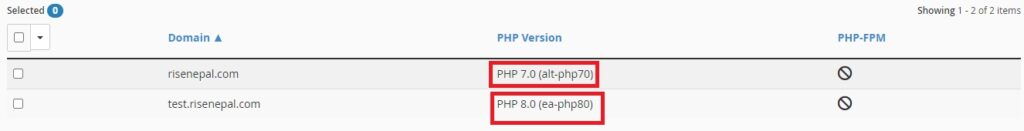 Changed PHP version of domain and subdomain