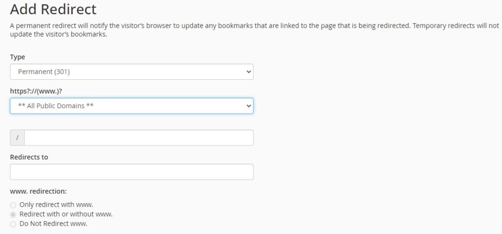 Add redirect in cPanel