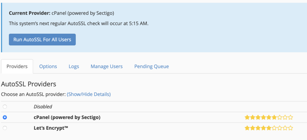AutoSSL provider Let's Encrypt in WHM/cPanle.